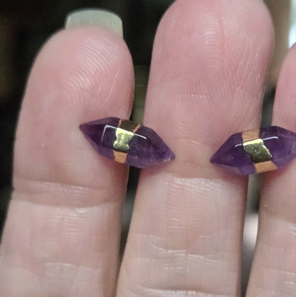Amethyst natural crystal gemstone sterling & gold earrings - Picture 3 of 8